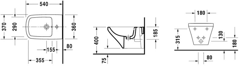 DURAVIT DURASTYLE závesný bidet, WonderGliss 22871500001 Technický nákres