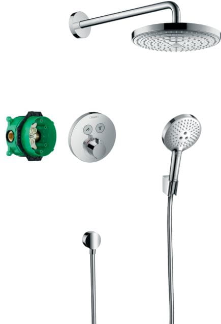 HANSGROHE RAINDANCE SELECT S sprchový set s termostatickou podomietkovou batériou, horná sprcha, ručná sprcha s 3 prúdmi, hadica, držiak, kolienko, chróm