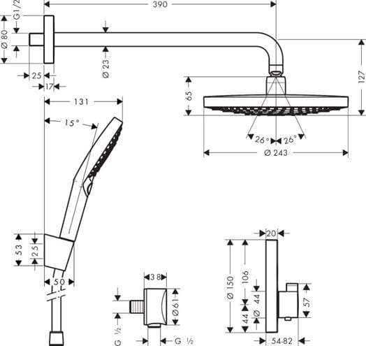 HANSGROHE RAINDANCE SELECT S sprchový set s termostatickou podomietkovou batériou, horná sprcha, ručná sprcha s 3 prúdmi, hadica, držiak, kolienko, chróm 27297000 Technický nákres