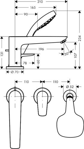 HANSGROHE TALIS E batéria na okraj vane, 3-otvorová, so sprchovou súpravou, chróm 71731000 Technický nákres