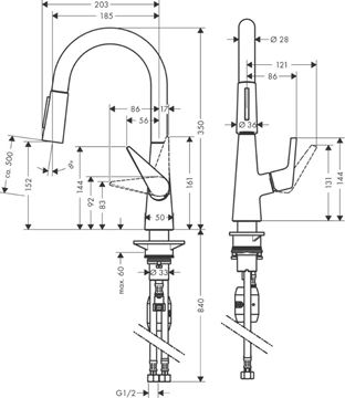HANSGROHE TALIS M51 drezová batéria, s vyťahovacou sprškou, chróm 72815000 Technický nákres