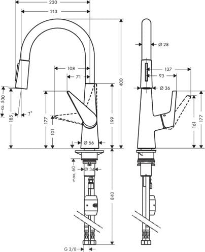 HANSGROHE TALIS M51 2JET drezová batéria, s vyťahovacou sprškou, nerez 72813800 Technický nákres
