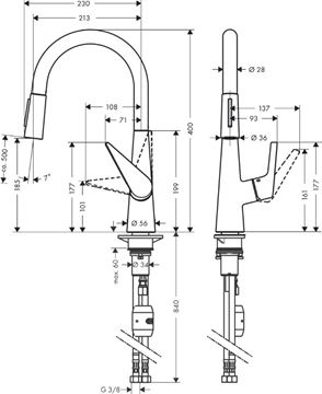 HANSGROHE TALIS M51 2JET drezová batéria, s vyťahovacou sprškou, nerez 72813800 Technický nákres