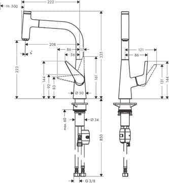 HANSGROHE TALIS SELECT M51 drezová batéria, s vyťahovacou koncovkou, chróm 72822000 Technický nákres
