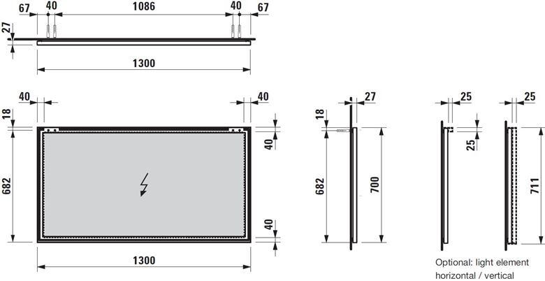 LAUFEN FRAME 25 zrkadlo 100x70 cm H4474069001441 Technický nákres