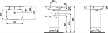 LAUFEN INO umývadlo 56 cm, s otvorom pre batériu a prepadom H8103020001041 Technický nákres