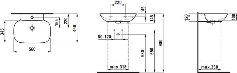 LAUFEN INO umývadlo 56 cm, s otvorom pre batériu a prepadom H8103020001041 Technický nákres