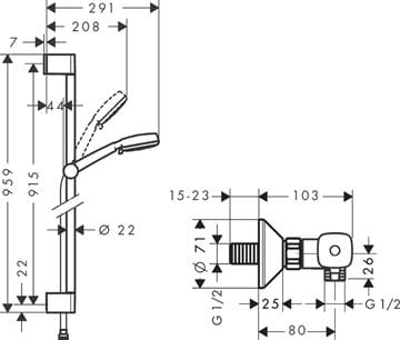 HANSGROHE CROMA 100 VARIO sprchový set 959mm, s termostatickou batériou a ručnou sprchou, biela, chróm 27031400 Technický nákres