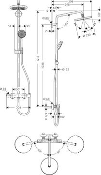 HANSGROHE CROMA SHOWERPIPE 220 sprchový set s termostatickou batériou, horná sprcha, ručná sprcha so 4 prúdmi, tyč, hadica, chróm 27185000 Technický nákres