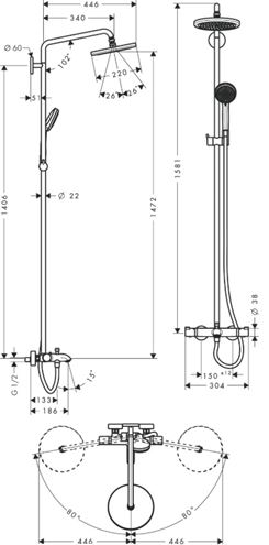 HANSGROHE CROMA SHOWERPIPE 220 vaňová termostatická batéria, s hlavovou a ručnou sprchou, chróm 27223000 Technický nákres