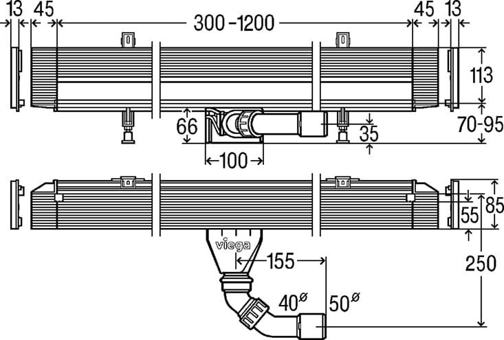 VIEGA ADVANTIX VARIO 4968.10 sprchový žľab 1200 mm, k stene, bočný odtok DN 50, bez roštu, plast 736736 Technický nákres