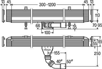 VIEGA ADVANTIX VARIO 4968.10 sprchový žľab 1200 mm, k stene, bočný odtok DN 50, bez roštu, plast 736736 Technický nákres