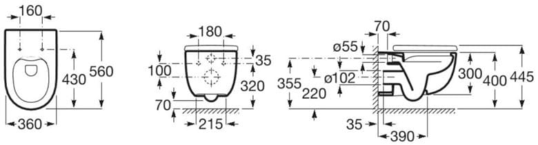ROCA MERIDIAN závesné WC, Rimless splachovanie A34624L000 Technický nákres