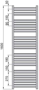 ZEHNDER ZETA kúpeľňový radiátor 1600/500, bočné pripojenie, chróm ZETC-160-050-0008 Technický nákres