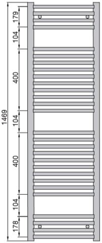 ZEHNDER AURA kúpeľňový radiátor 1469/600, rovný, stredové pripojenie, chróm PBCN-150-060-05-0008 Technický nákres