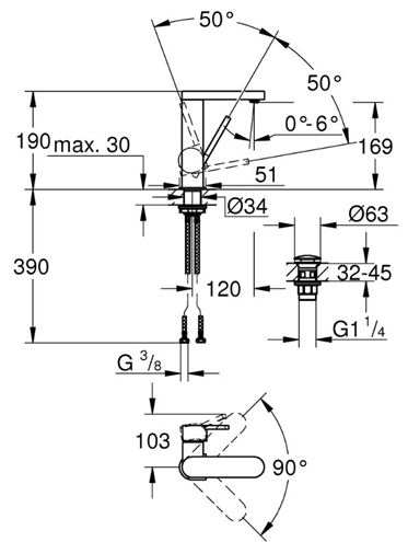 GROHE PLUS umývadlová stojanková batéria, s odtokovou súpravou, chróm 23872003 Technický nákres