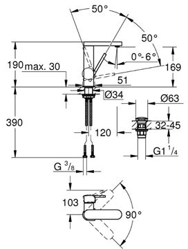GROHE PLUS umývadlová stojanková batéria, s odtokovou súpravou, chróm 23872003 Technický nákres