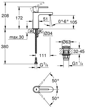 GROHE PLUS umývadlová stojanková batéria, s odtokovou súpravou, chróm 33163003 Technický nákres