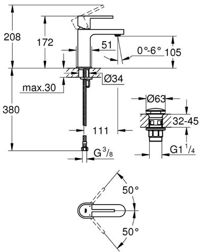 GROHE PLUS umývadlová stojanková batéria, s odtokovou súpravou, chróm 33163003 Technický nákres
