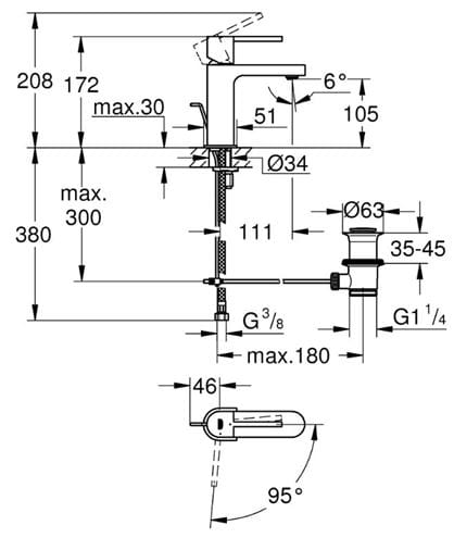 GROHE PLUS umývadlová stojanková batéria, s odtokovou súpravou, studený štart, chróm 23870003 Technický nákres