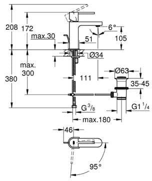 GROHE PLUS umývadlová stojanková batéria, s odtokovou súpravou, studený štart, chróm 23870003 Technický nákres