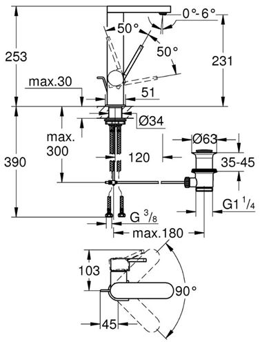 GROHE PLUS umývadlová stojanková batéria, s odtokovou súpravou, chróm 23851003 Technický nákres