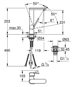 GROHE PLUS umývadlová stojanková batéria, s odtokovou súpravou, chróm 23844003 Technický nákres