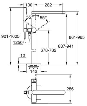 GROHE PLUS vaňová batéria na podlahu, s prepínačom, so sprchovou súpravou, chróm 23846003 Technický nákres