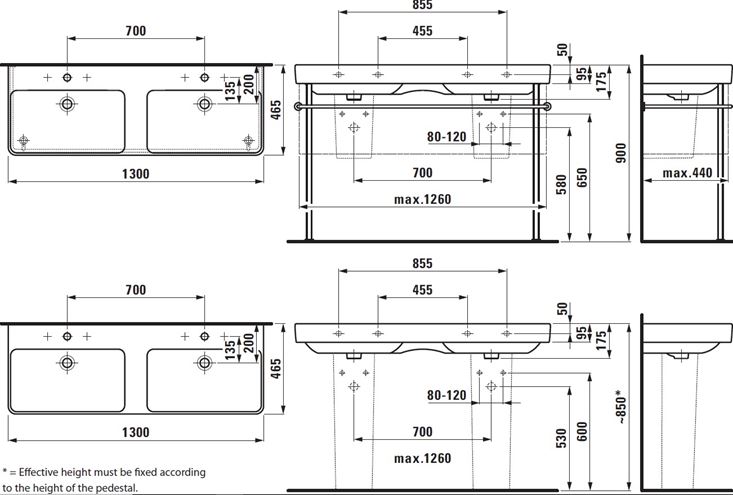 LAUFEN PRO S dvojumývadlo 130 cm, s 3 otvormi pre batériu a prepadom, LCC H8149684001081 Technický nákres