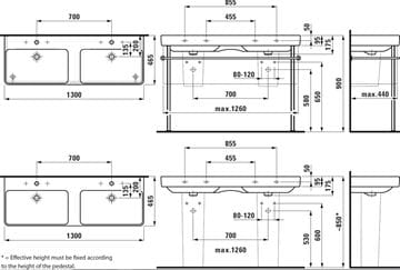 LAUFEN PRO S dvojumývadlo 130 cm, s 3 otvormi pre batériu a prepadom, LCC H8149684001081 Technický nákres