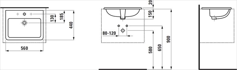 LAUFEN PRO S umývadlo 56 cm, s otvorom pre batériu a prepadom, LCC H8189634001041 Technický nákres