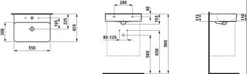 LAUFEN VAL umývadlo 55 cm, s otvorom pre batériu a prepadom H8102820001041 Technický nákres