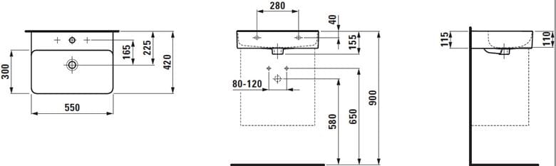 LAUFEN VAL umývadlo 55 cm, s otvorom pre batériu a prepadom H8102820001041 Technický nákres