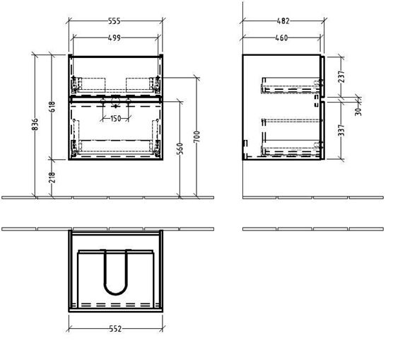 VILLEROY & BOCH VERITY LINE skrinka pod umývadlo 55,5x48,2x61,8 cm, 2 zásuvky, Oak Kansas B66500RH Technický nákres