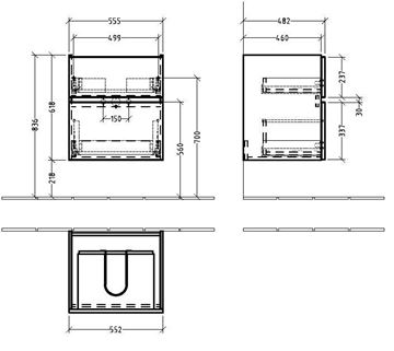 VILLEROY & BOCH VERITY LINE skrinka pod umývadlo 55,5x48,2x61,8 cm, 2 zásuvky, Oak Kansas B66500RH Technický nákres