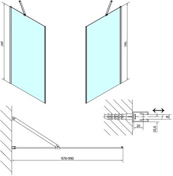POLYSAN ZOOM LINE bočná stena 100x190 cm, aluchróm/číre sklo ZL3210 Technický nákres