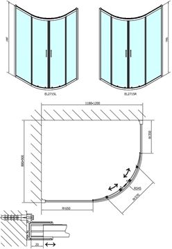 POLYSAN EASY LINE sprchový kút 120x90 cm, R550, posuvné dvere, leštený hliník/sklo číre EL2715 Technický nákres
