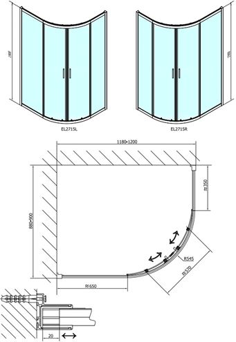 POLYSAN EASY LINE sprchový kút 120x90 cm, R550, posuvné dvere, leštený hliník/sklo číre EL2715 Technický nákres
