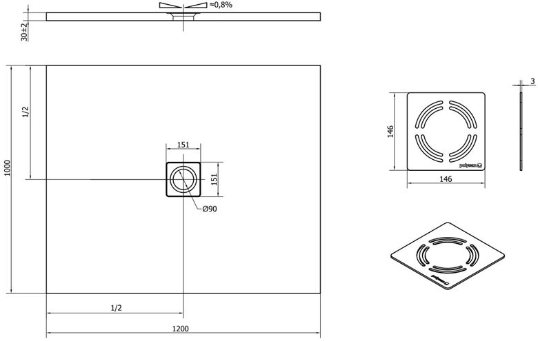 POLYSAN FLEXIA sprchová vanička 120x100 cm, liaty mramor, bez nožičiek 71563 Technický nákres