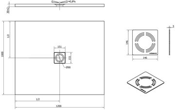 POLYSAN FLEXIA sprchová vanička 120x100 cm, liaty mramor, bez nožičiek 71563 Technický nákres