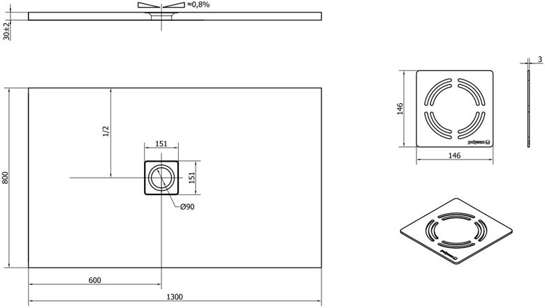POLYSAN FLEXIA sprchová vanička 130x80 cm, liaty mramor, bez nožičiek 72899 Technický nákres
