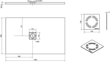 POLYSAN FLEXIA sprchová vanička 130x80 cm, liaty mramor, bez nožičiek 72899 Technický nákres