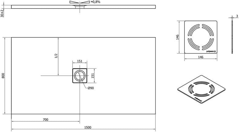 POLYSAN FLEXIA sprchová vanička 150x80 cm, liaty mramor, bez nožičiek 72901 Technický nákres