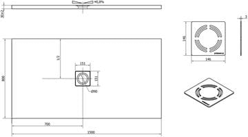 POLYSAN FLEXIA sprchová vanička 150x80 cm, liaty mramor, bez nožičiek 72901 Technický nákres