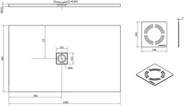 POLYSAN FLEXIA sprchová vanička 150x90 cm, liaty mramor, bez nožičiek 72898 Technický nákres
