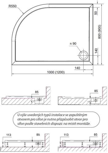 POLYSAN RENA L sprchová vanička 120x90 cm, R550, liaty mramor, bez nožičiek 64611 Technický nákres
