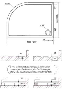 POLYSAN RENA L sprchová vanička 120x90 cm, R550, liaty mramor, bez nožičiek 64611 Technický nákres