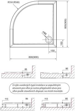 POLYSAN SERA 80 sprchová vanička 80x80 cm, R550, liaty mramor, bez nožičiek 40511 Technický nákres