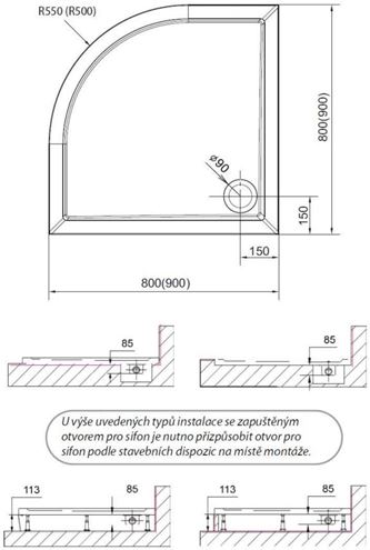 POLYSAN SERA 80 sprchová vanička 80x80 cm, R550, liaty mramor, bez nožičiek 40511 Technický nákres