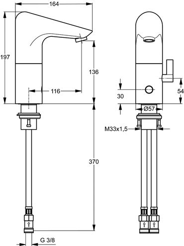 IDEAL STANDARD CERAPLUS umývadlová senzorová batéria s reguláciou teploty, napájanie zo siete, chróm A4154AA Technický nákres